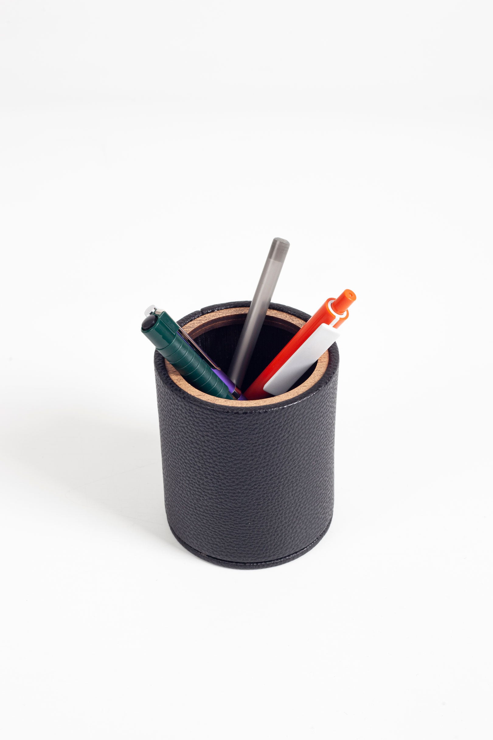 Desktop Leather Oval Wooden Detailed Pencil Holder Black