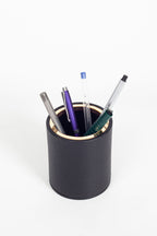 Desktop Leather Oval Gold Detailed Pencil Holder Black