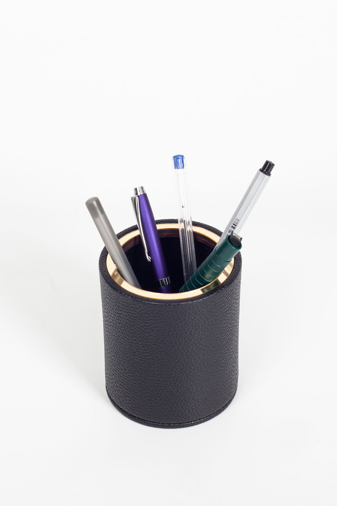 Desktop Leather Oval Gold Detailed Pencil Holder Black