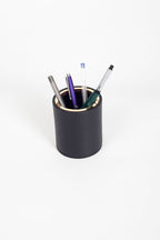 Desktop Leather Oval Gold Detailed Pencil Holder Black