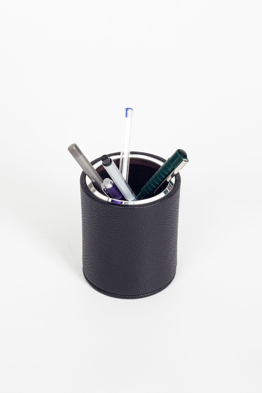 Desktop Leather Oval Chrome Detailed Pencil Holder Black