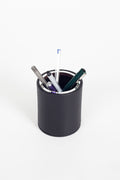 Desktop Leather Oval Chrome Detailed Pencil Holder Black