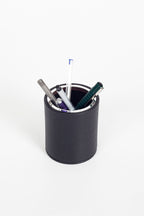 Desktop Leather Oval Chrome Detailed Pencil Holder Black