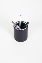 Desktop Leather Oval Chrome Detailed Pencil Holder Black