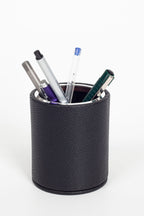 Desktop Leather Oval Chrome Detailed Pencil Holder Black