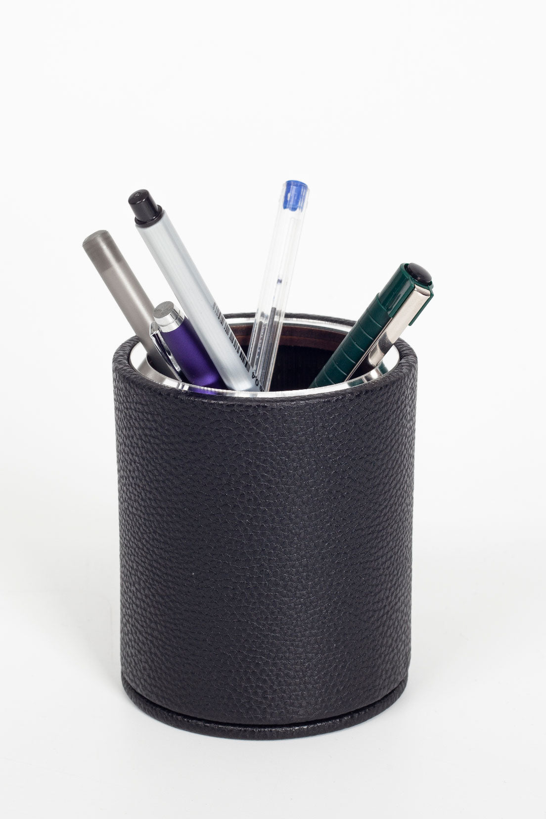 Desktop Leather Oval Chrome Detailed Pencil Holder Black