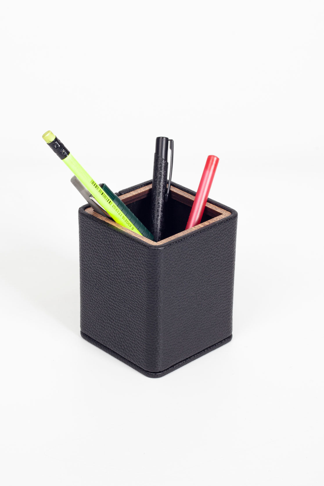 Desktop Square Wooden Detailed Pencil Holder Black