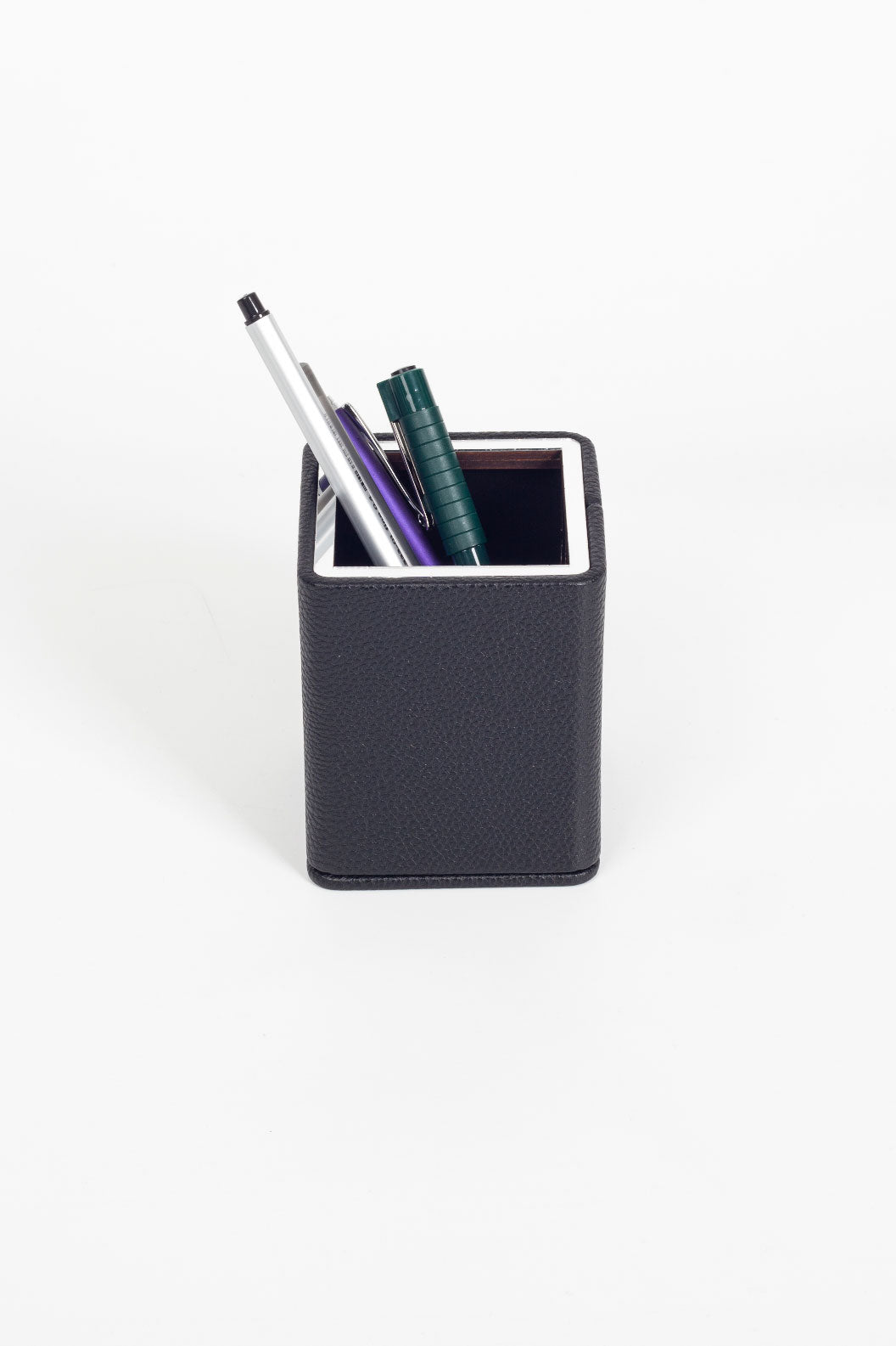 Desktop Square Chrome Detailed Pencil Holder Black