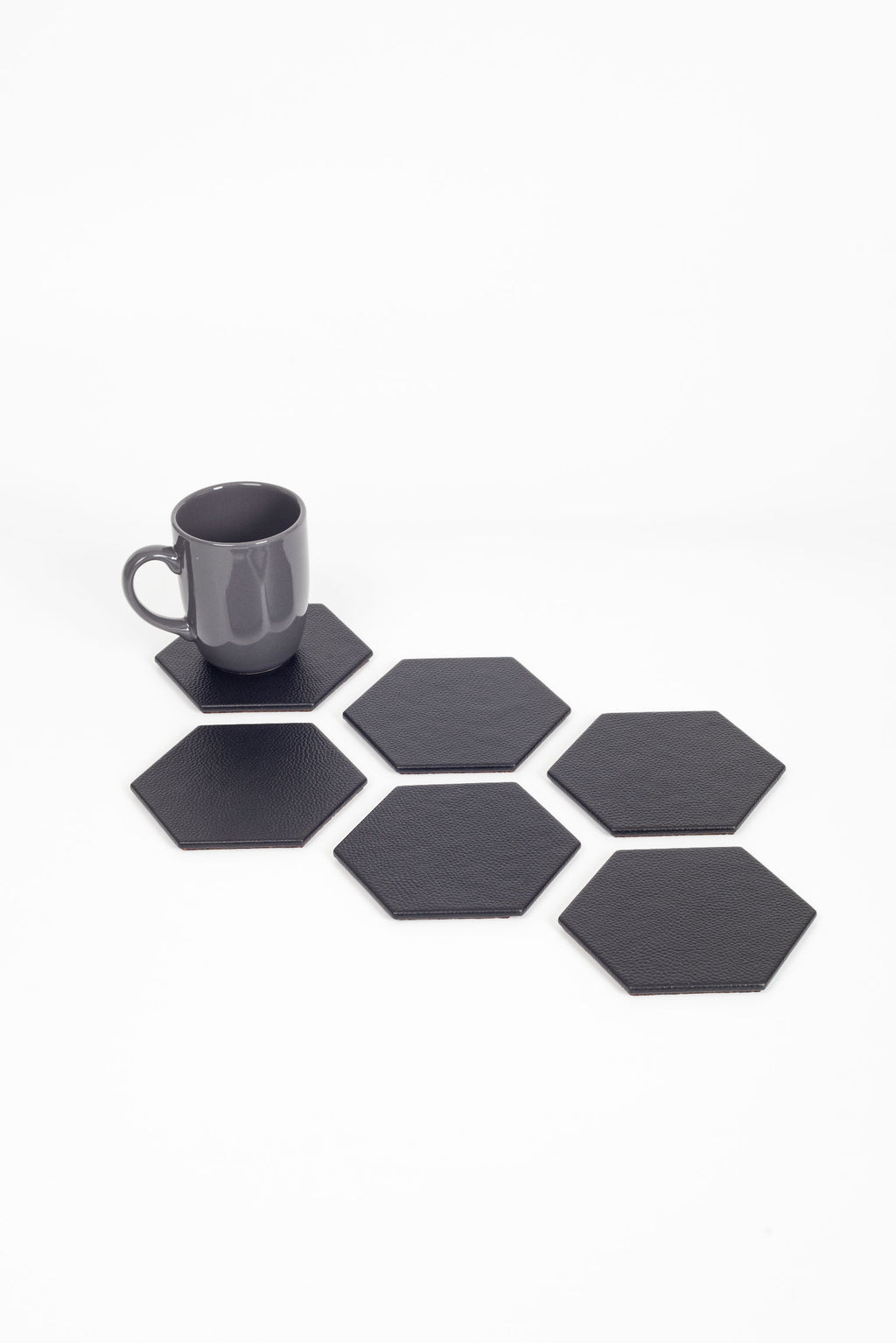 Leather Hexagonal Coaster Black 6 Pcs