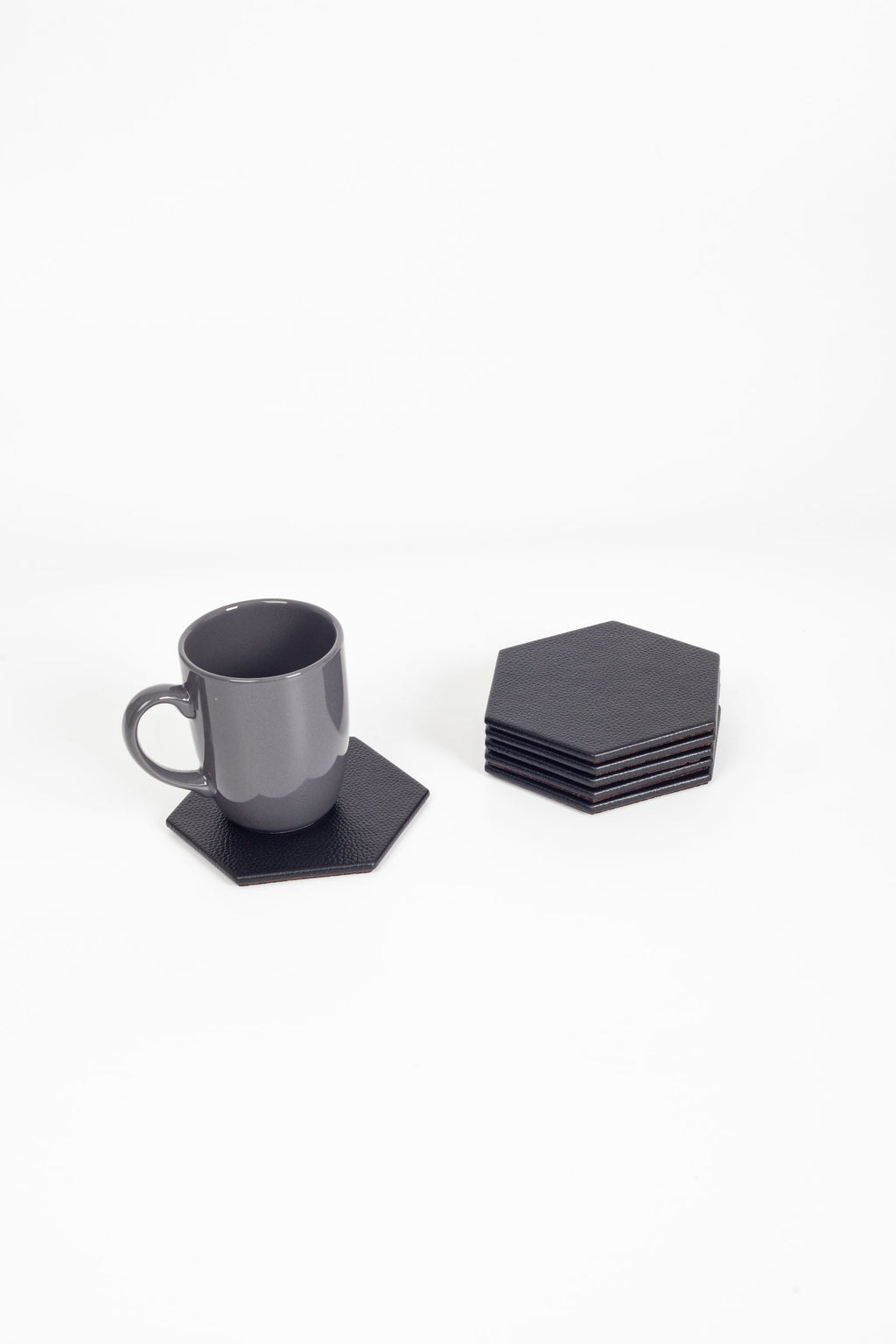 Leather Hexagonal Coaster Black 6 Pcs