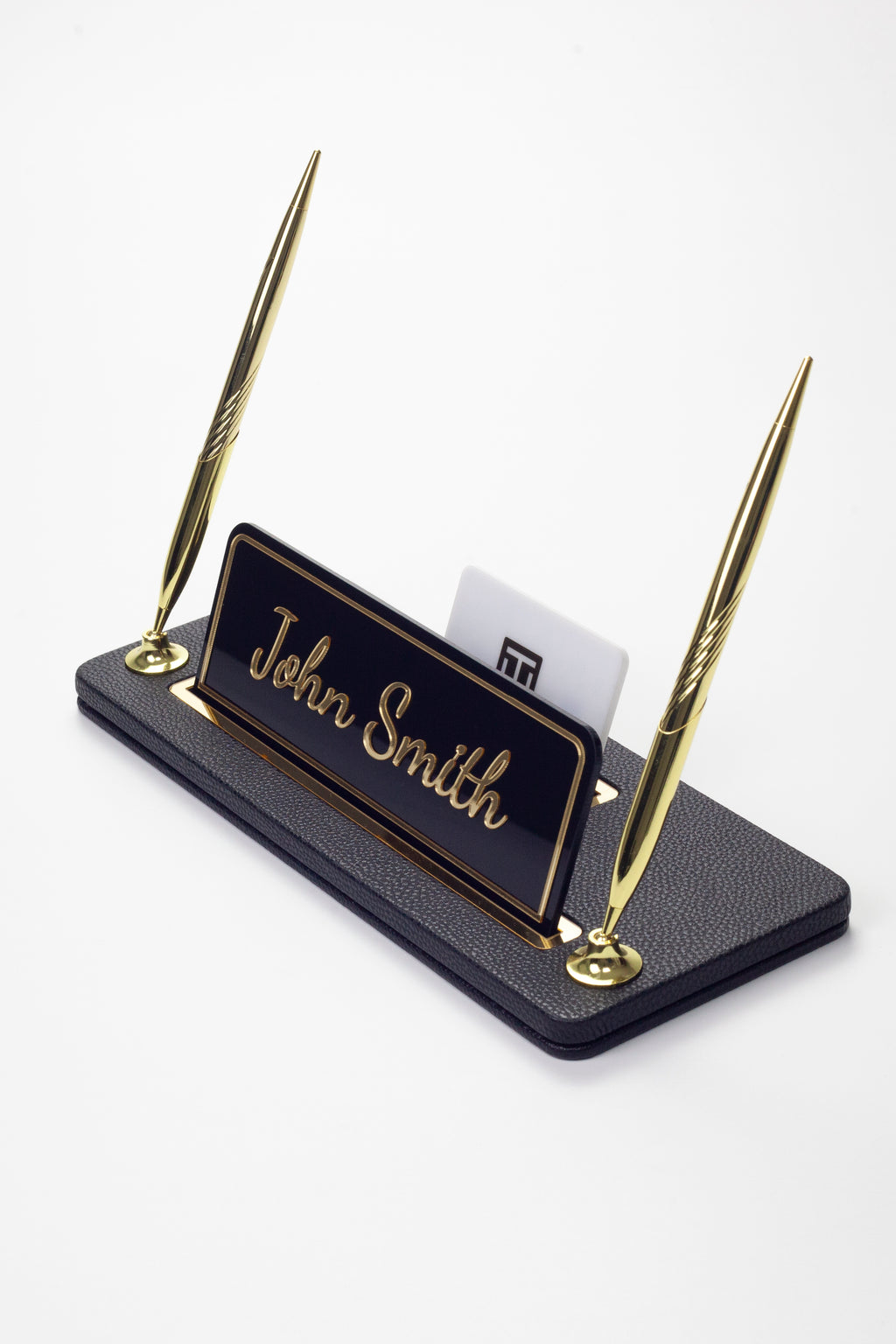 Leather Desk Name Holder with Two Pens Black Gold Detailed