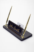 Leather Desk Name Holder with Two Pens Black Gold Detailed