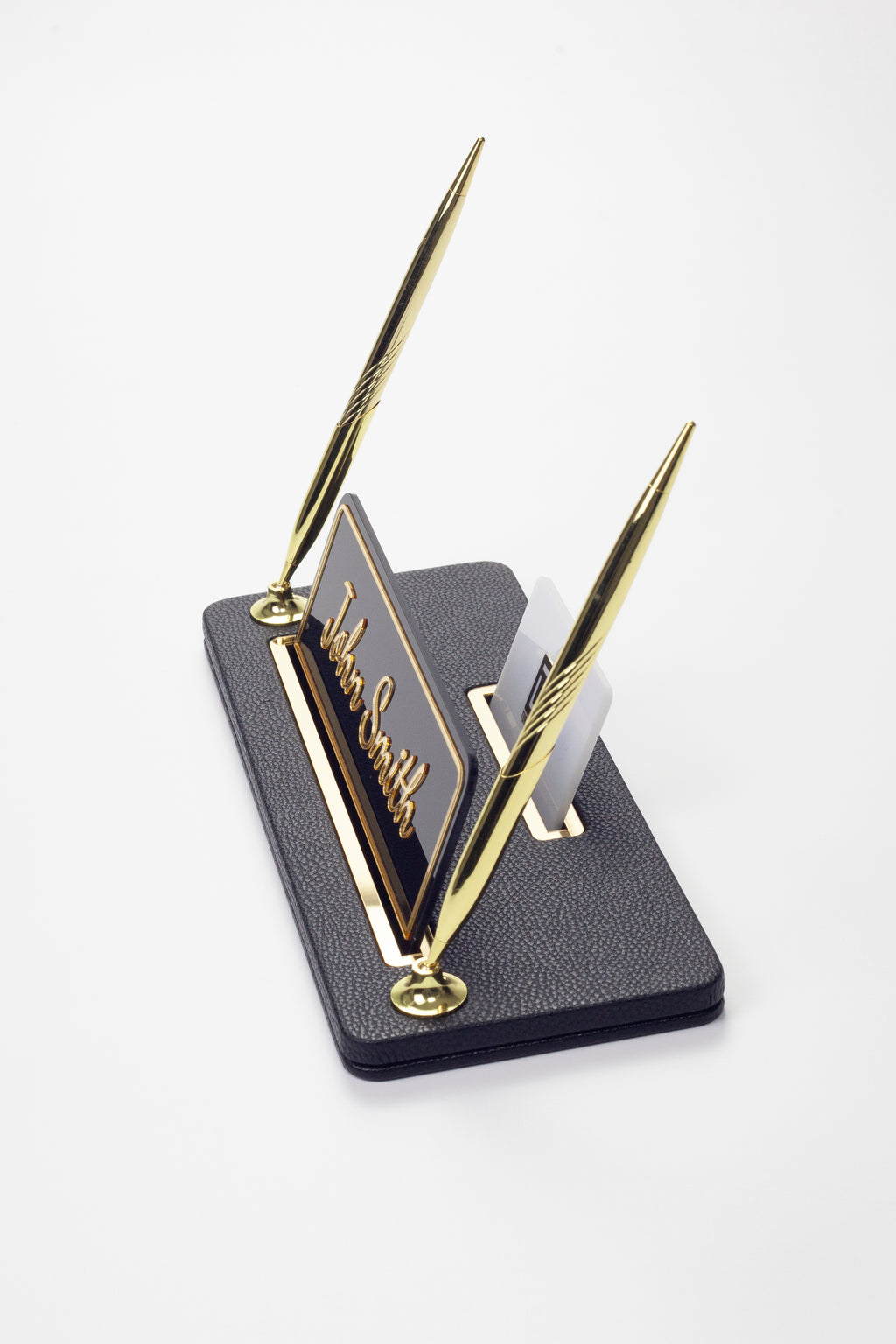 Leather Desk Name Holder with Two Pens Black Gold Detailed