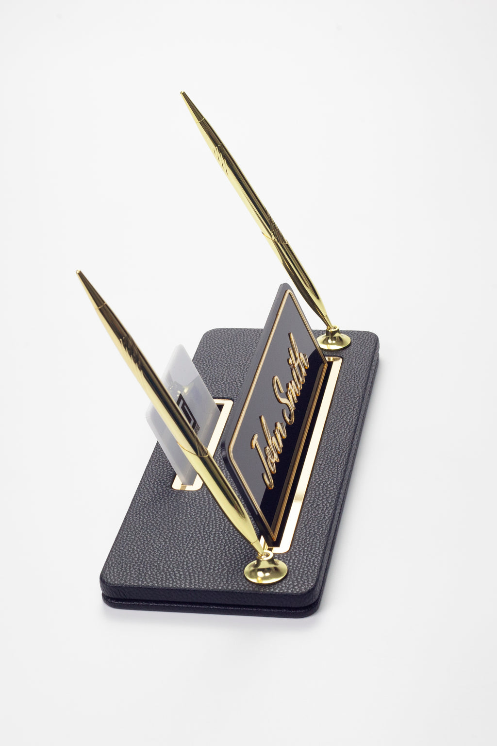 Leather Desk Name Holder with Two Pens Black Gold Detailed