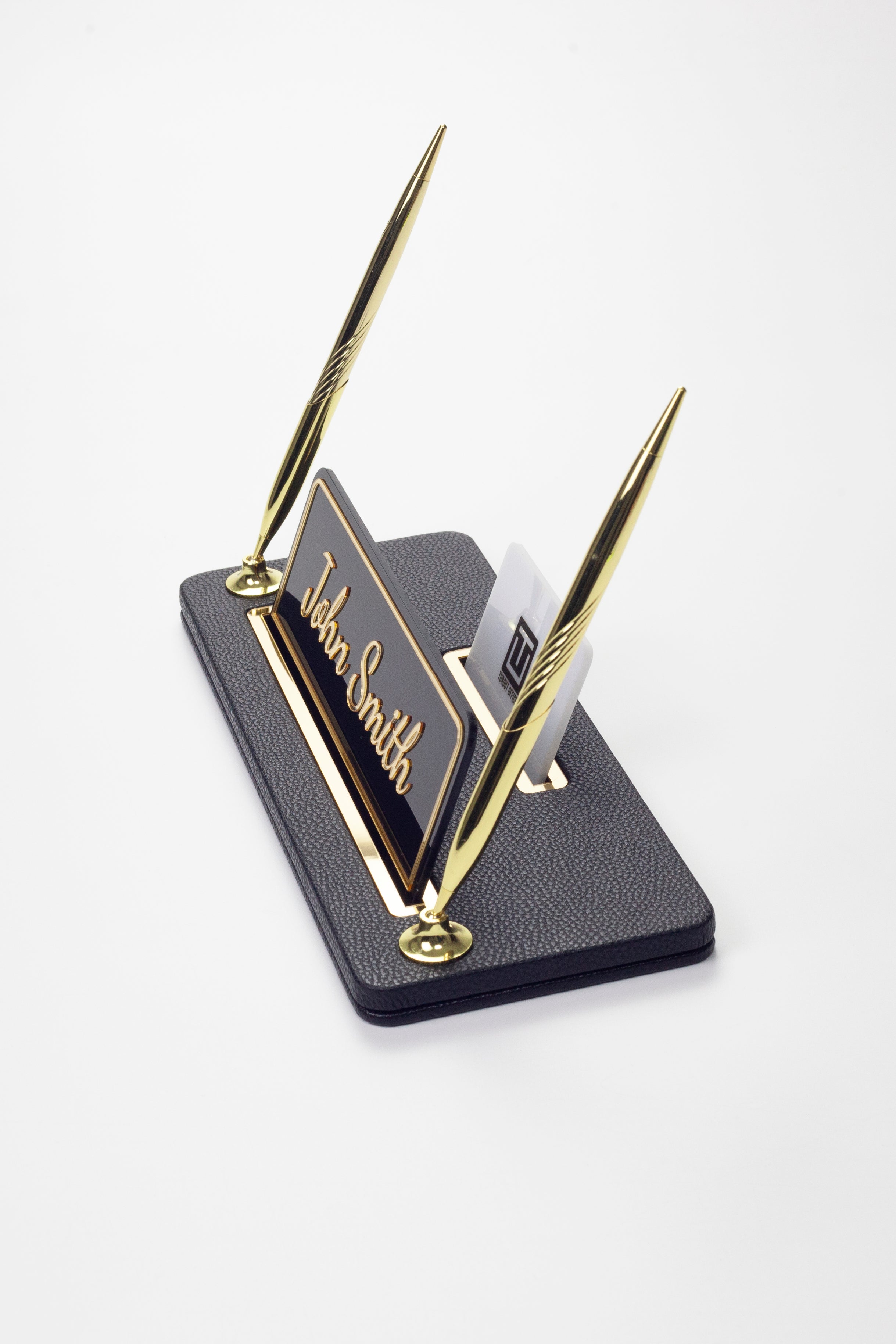 Leather Desk Name Holder with Two Pens Black Gold Detailed