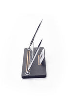 Leather Desk Name Holder with Two Pens Black Wood Detail