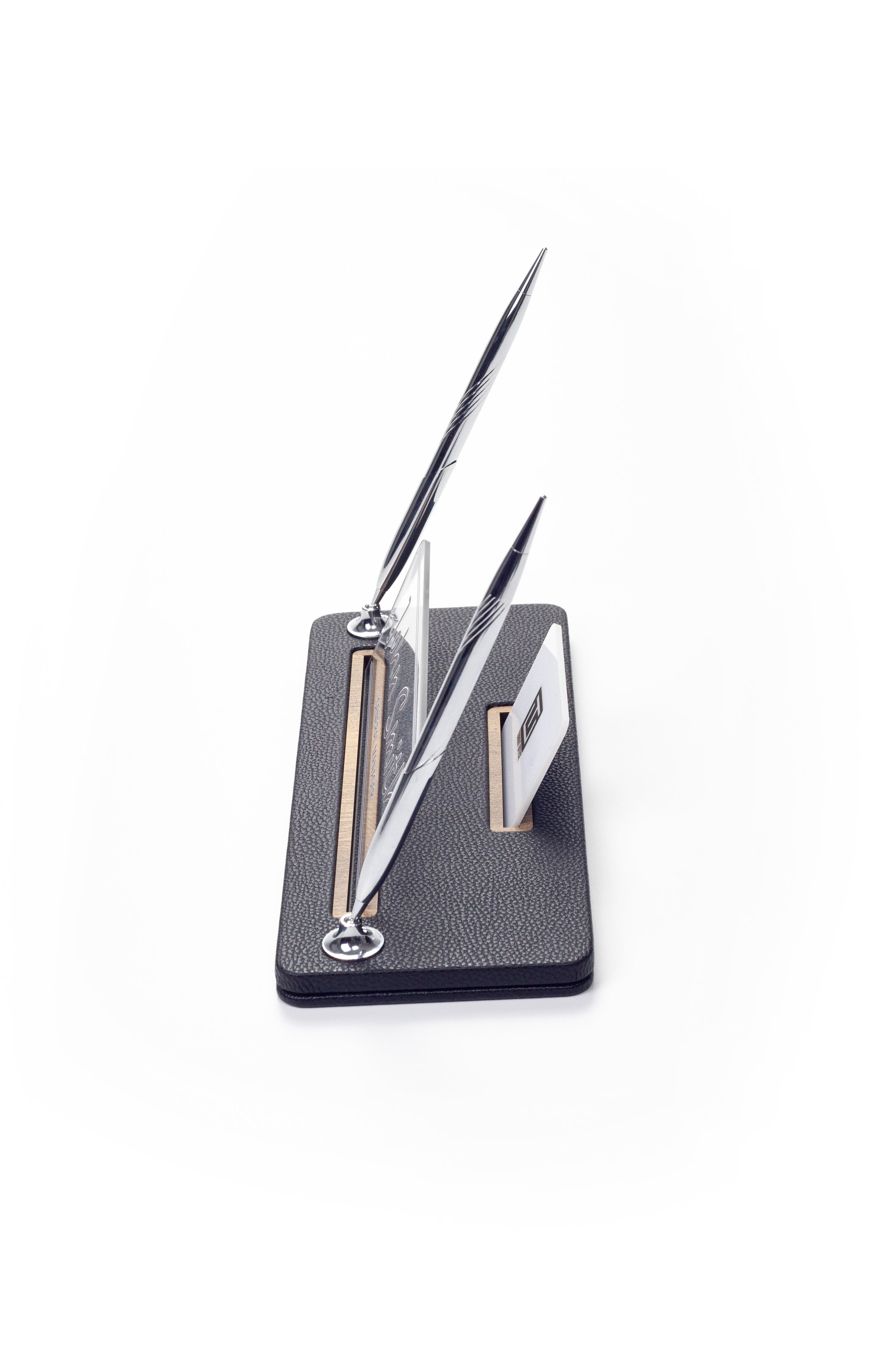 Leather Desk Name Holder with Two Pens Black Wood Detail