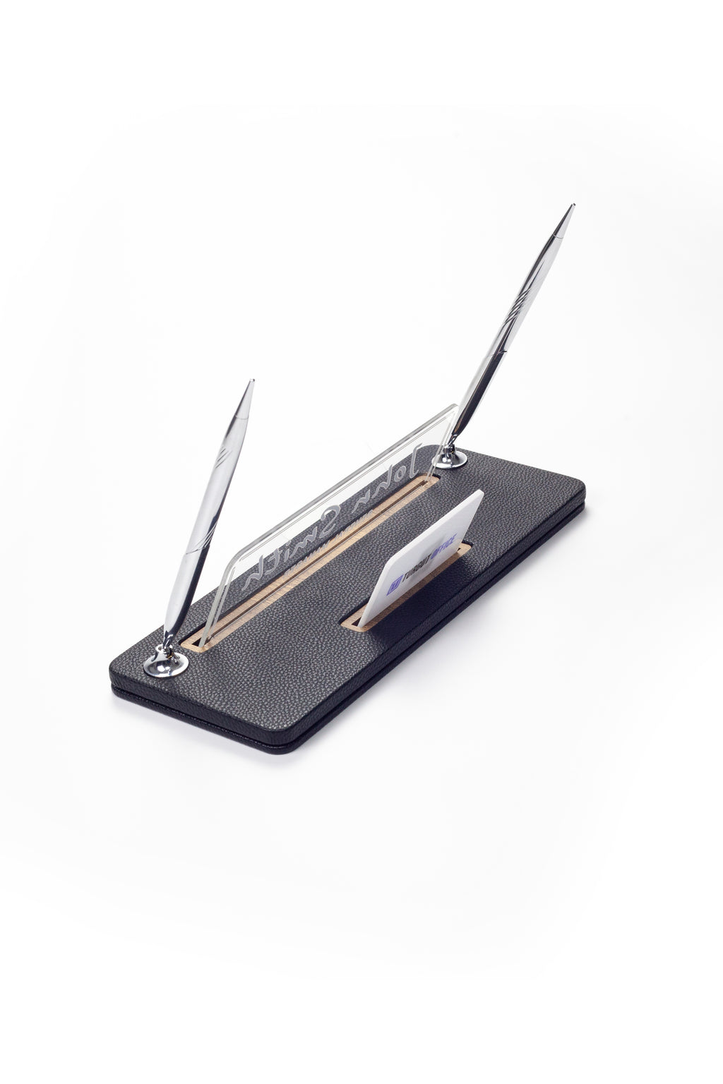 Leather Desk Name Holder with Two Pens Black Wood Detail