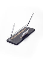 Leather Desk Name Holder with Two Pens Black Wood Detail