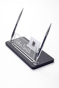 Leather Desk Name Holder with Two Pens Black Chrome Detailed