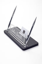 Leather Desk Name Holder with Two Pens Black Chrome Detailed