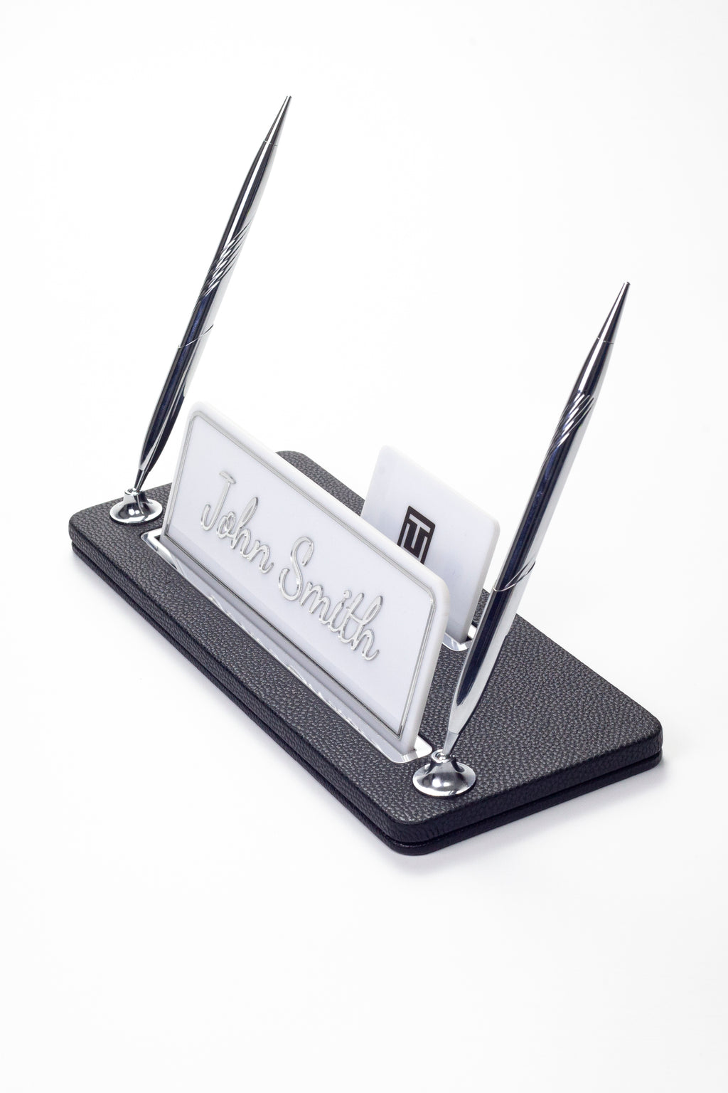 Leather Desk Name Holder with Two Pens Black Chrome Detailed