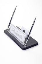 Leather Desk Name Holder with Two Pens Black Chrome Detailed