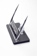 Leather Desk Name Holder with Two Pens Black Chrome Detailed