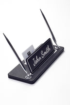 Leather Desk Name Holder with Two Pens Black Chrome Detailed