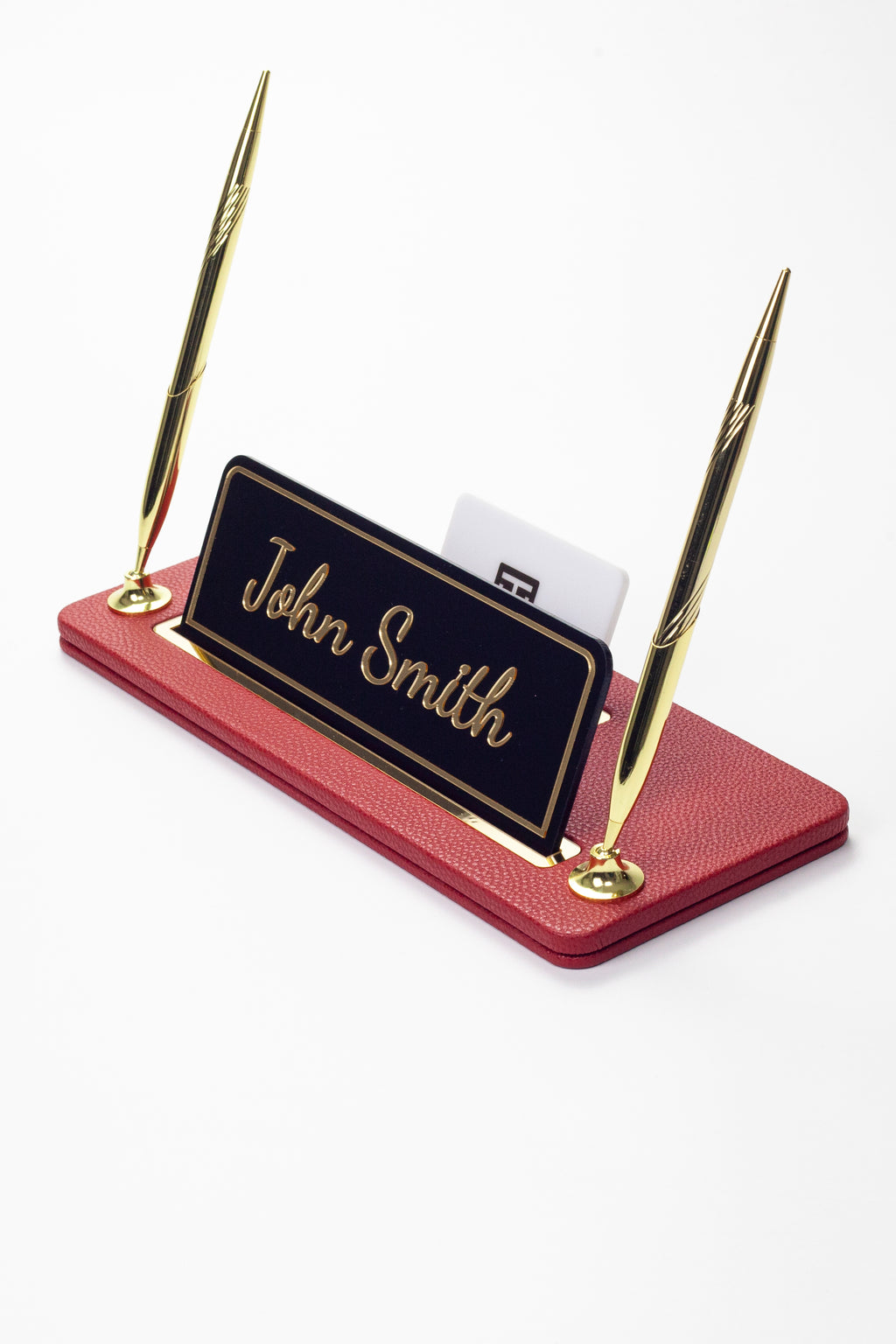 Leather Desk Name Holder with Two Pens Black Gold Detailed