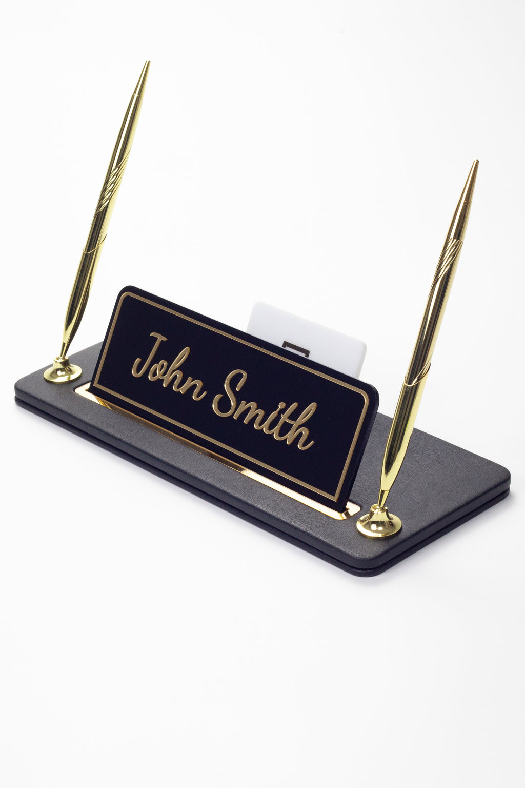 Leather Desk Name Holder with Two Pens Black Gold Detailed