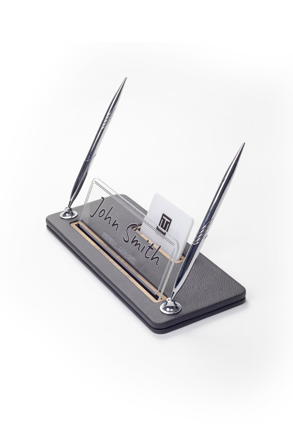 Leather Desk Name Holder with Two Pens Black Wood Detail