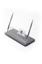 Leather Desk Name Holder with Two Pens Black Chrome Detailed