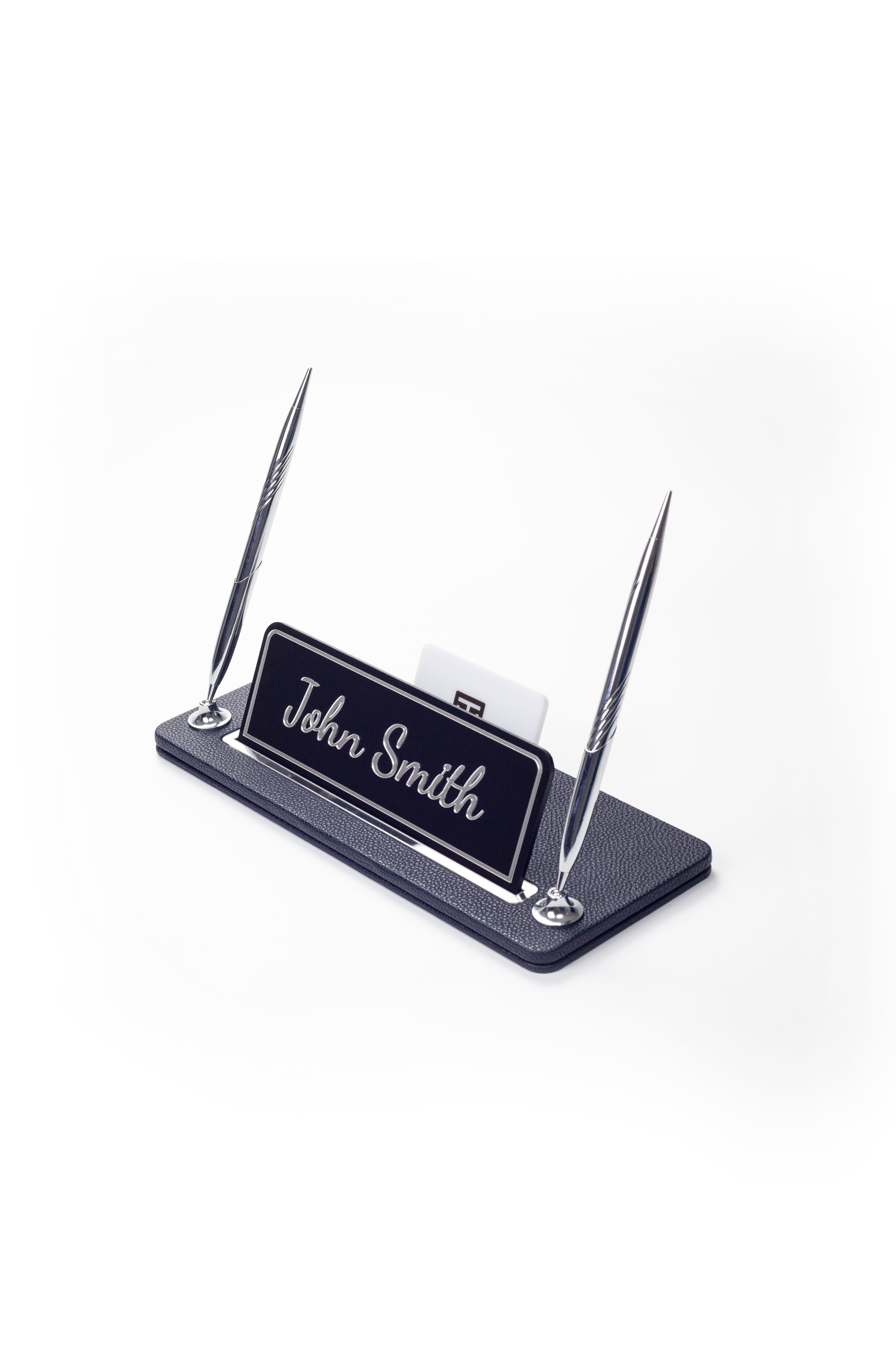 Leather Desk Name Holder with Two Pens Black Chrome Detailed