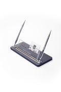 Leather Desk Name Holder with Two Pens Black Wood Detail