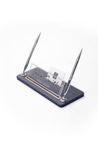 Leather Desk Name Holder with Two Pens Black Wood Detail