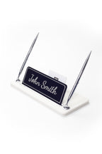 Leather Desk Name Holder with Two Pens Black Chrome Detailed