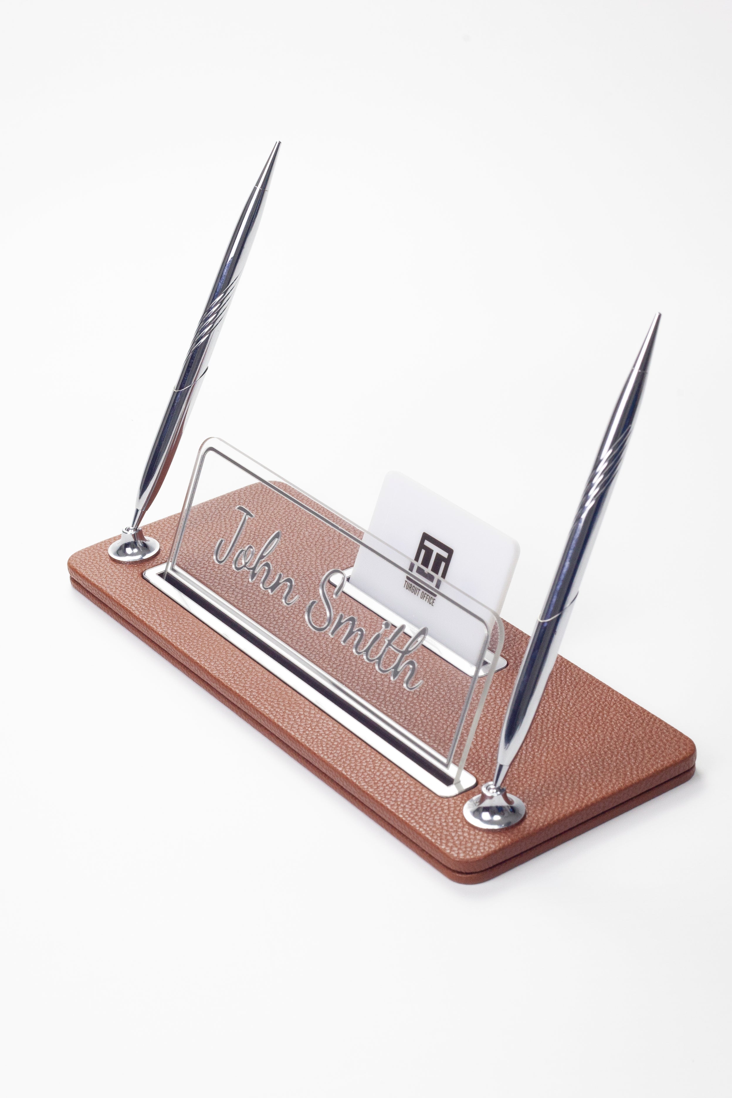 Leather Desk Name Holder with Two Pens Black Chrome Detailed