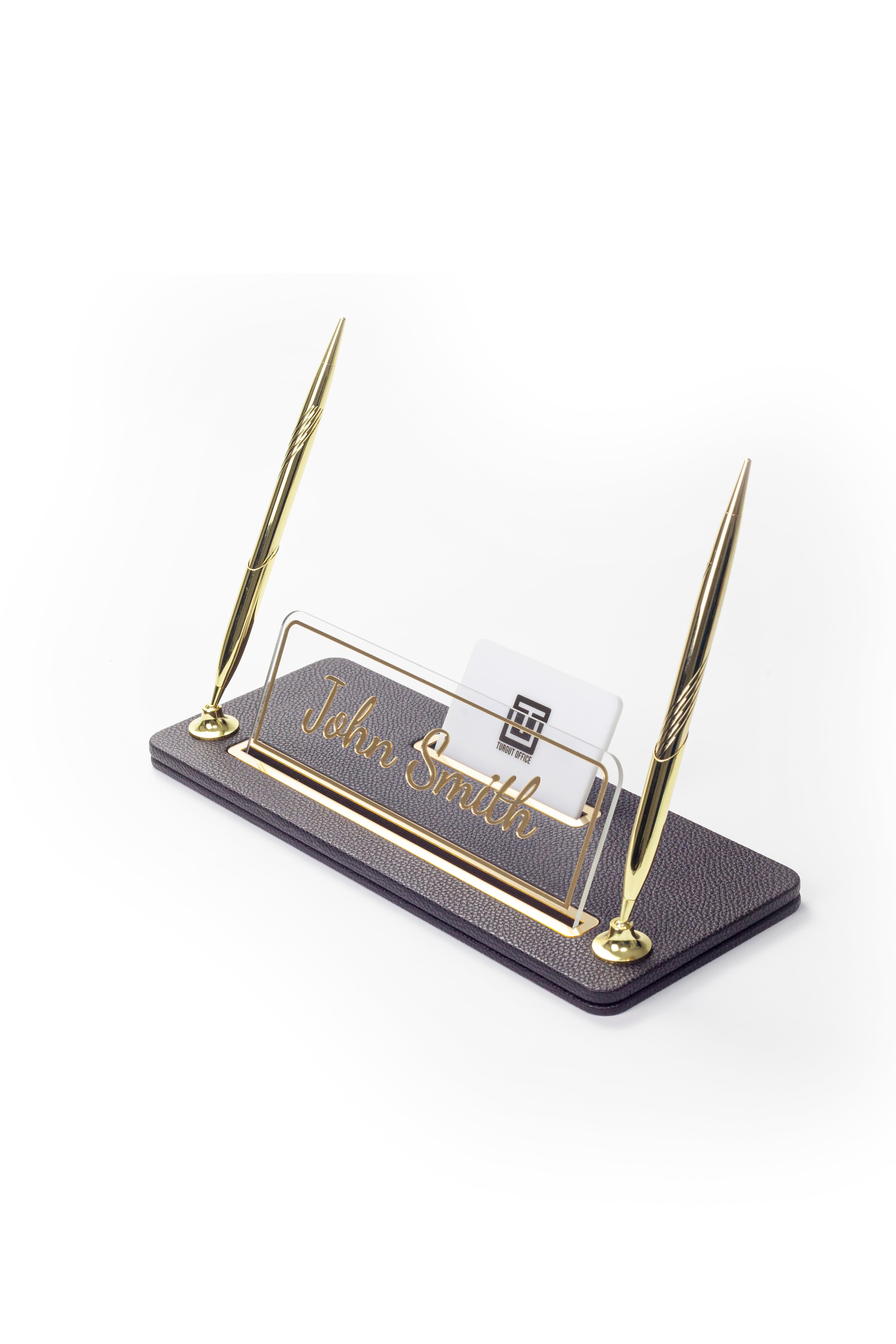 Leather Desk Name Holder with Two Pens Black Gold Detailed