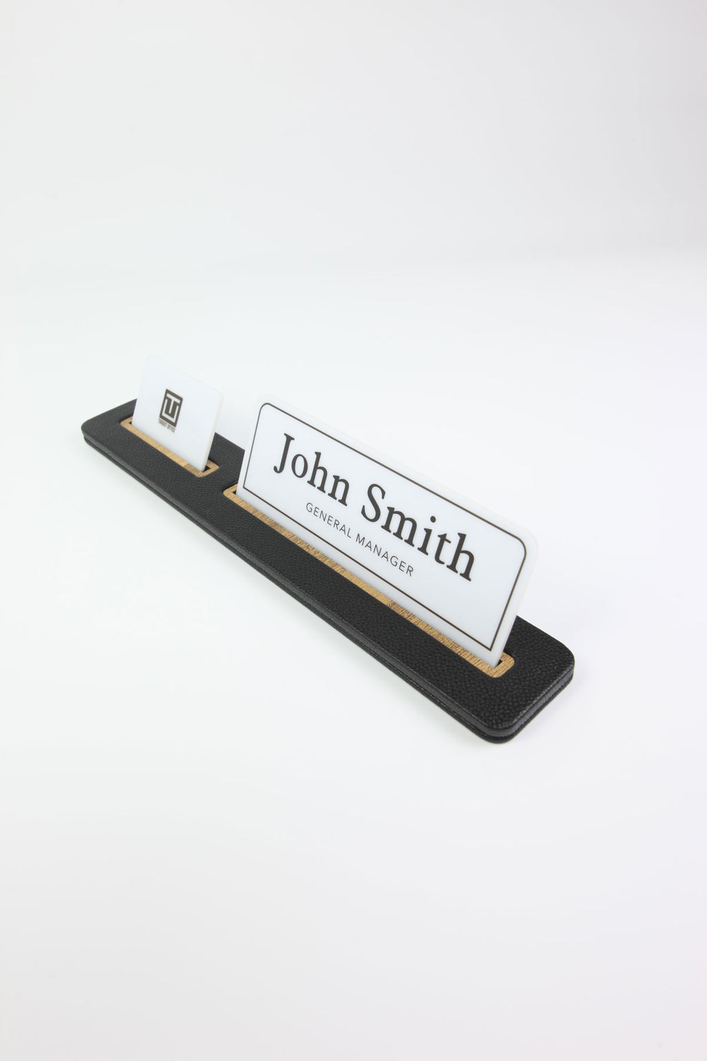 Leather Desk Nameplate Black Long Wooden Detail - Nameplate and Business Card Holder