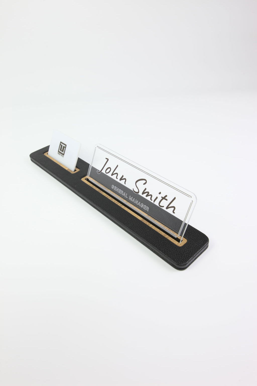 Leather Desk Nameplate Black Long Wooden Detail - Nameplate and Business Card Holder
