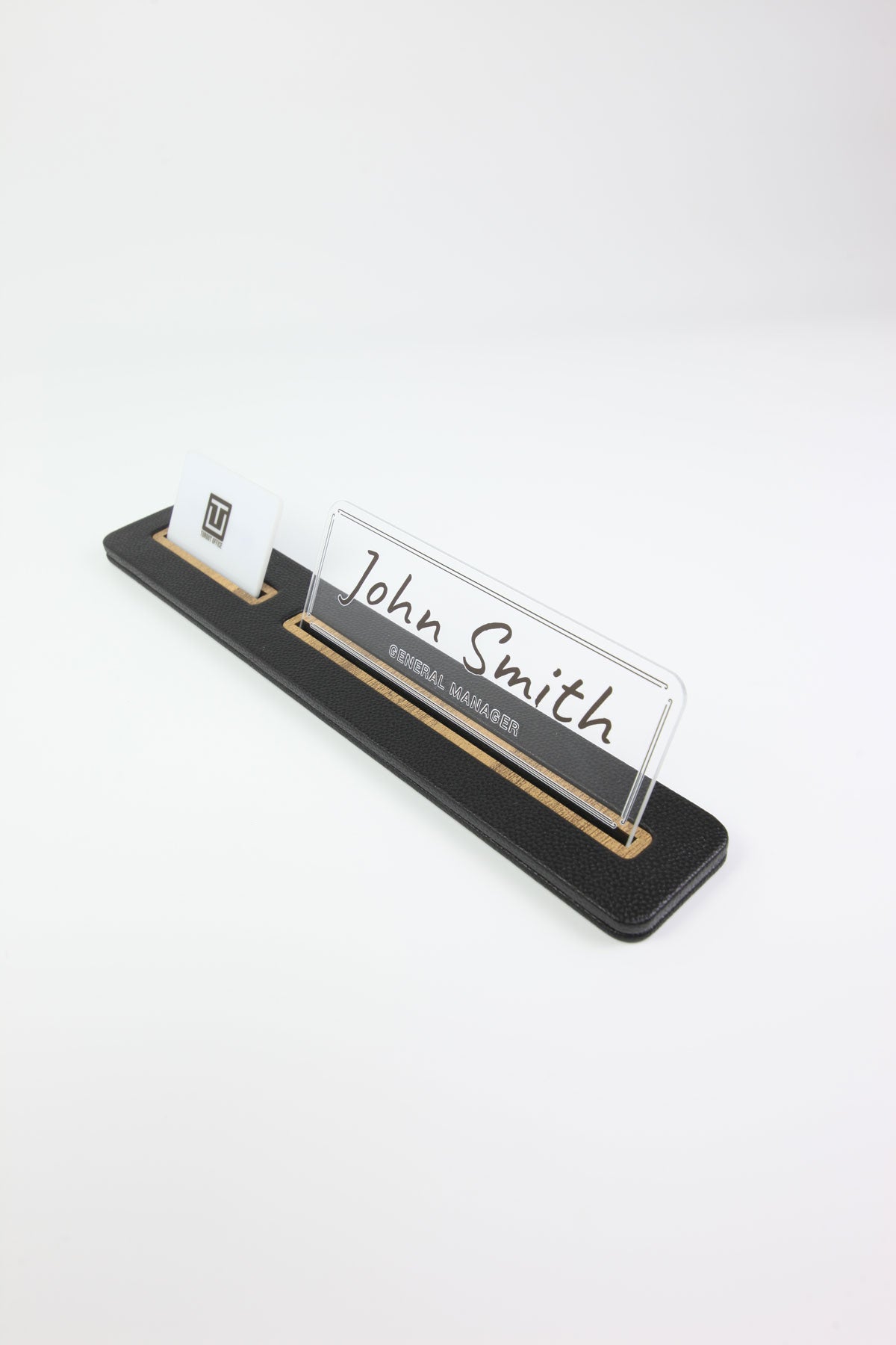 Leather Desk Nameplate Black Long Wooden Detail - Nameplate and Business Card Holder