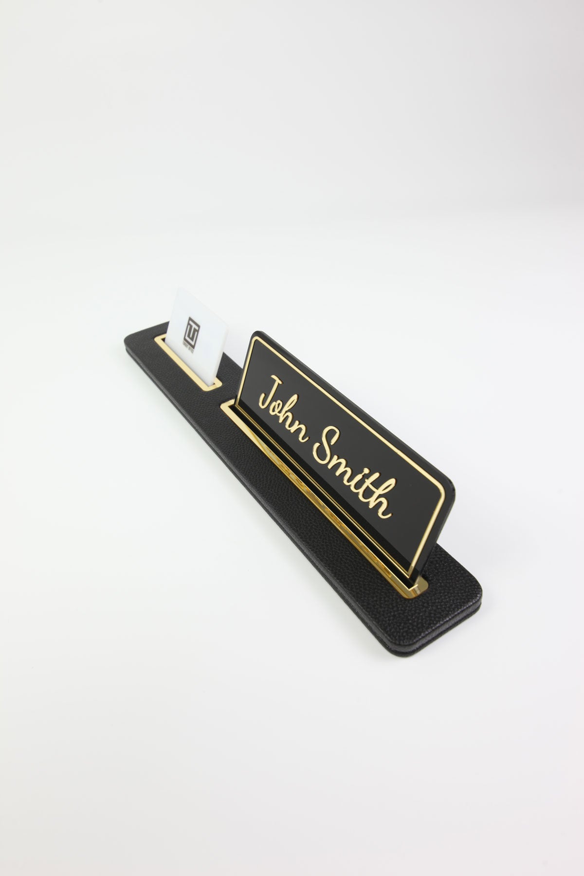 Leather Desk Nameplate Black Long Gold Detailed - Nameplate and Business Card Holder