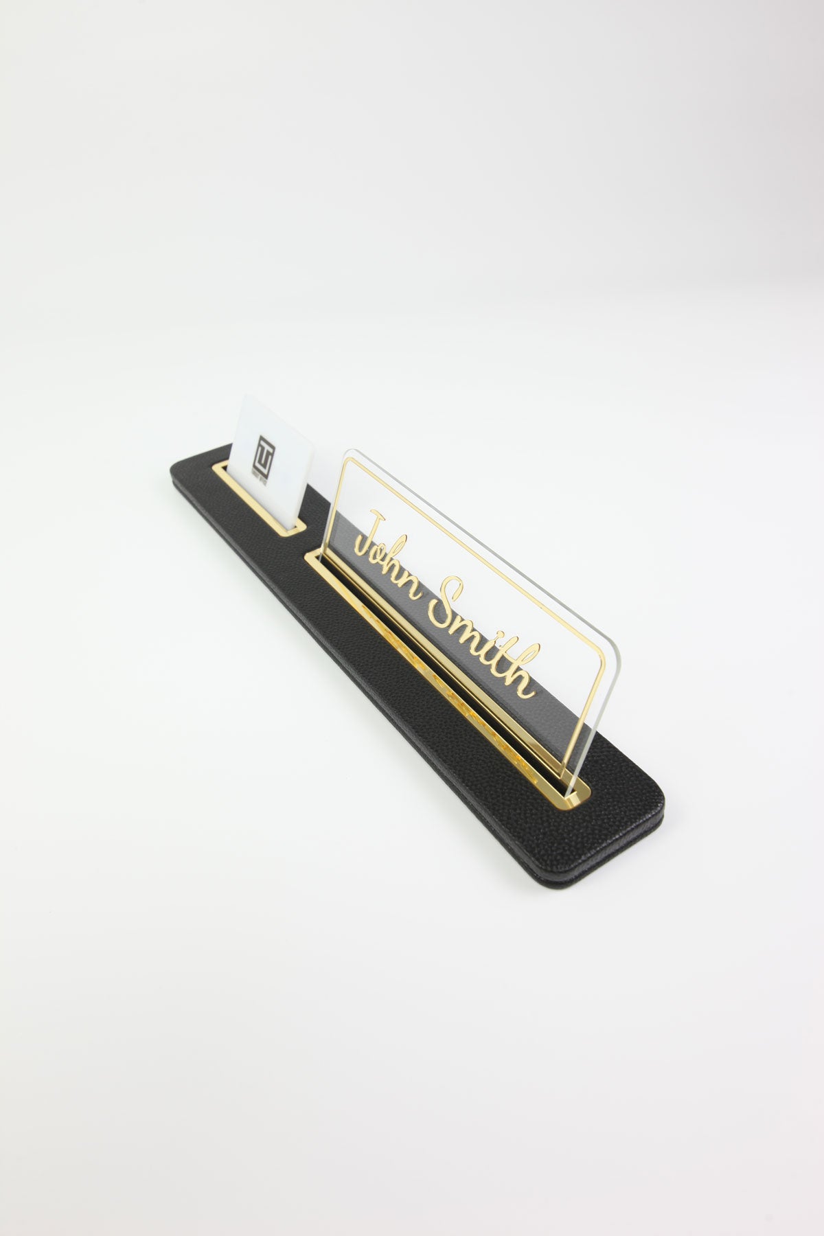 Leather Desk Nameplate Black Long Gold Detailed - Nameplate and Business Card Holder