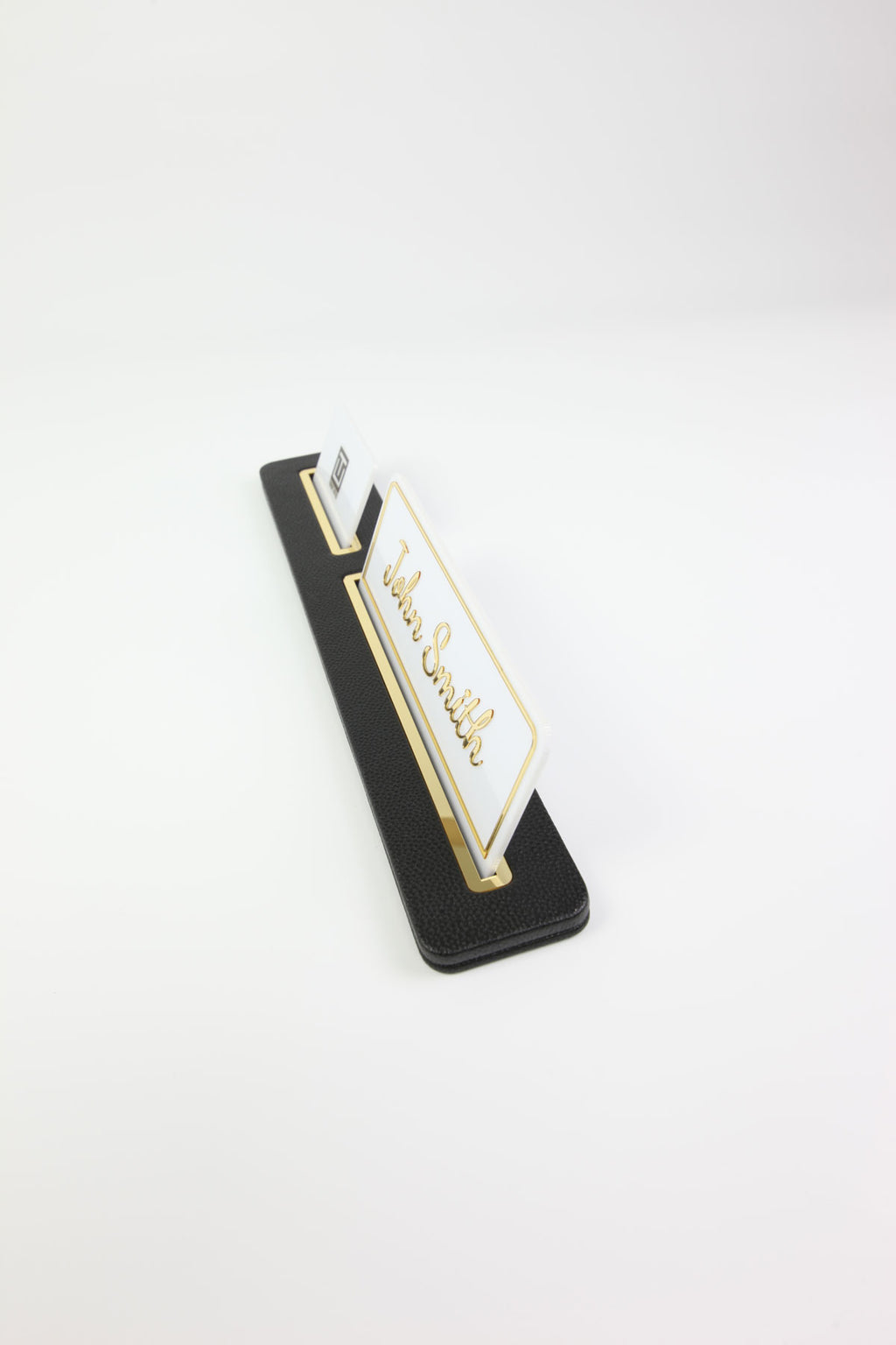 Leather Desk Nameplate Black Long Gold Detailed - Nameplate and Business Card Holder