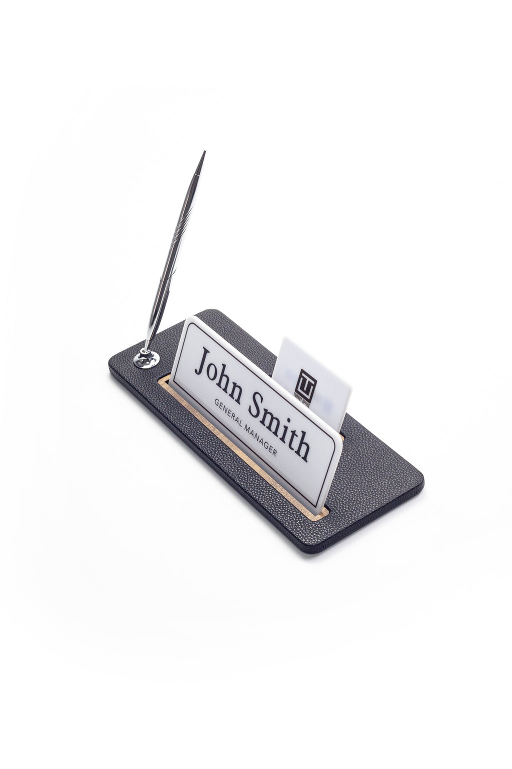 Leather Desk Name Holder Wood Detail