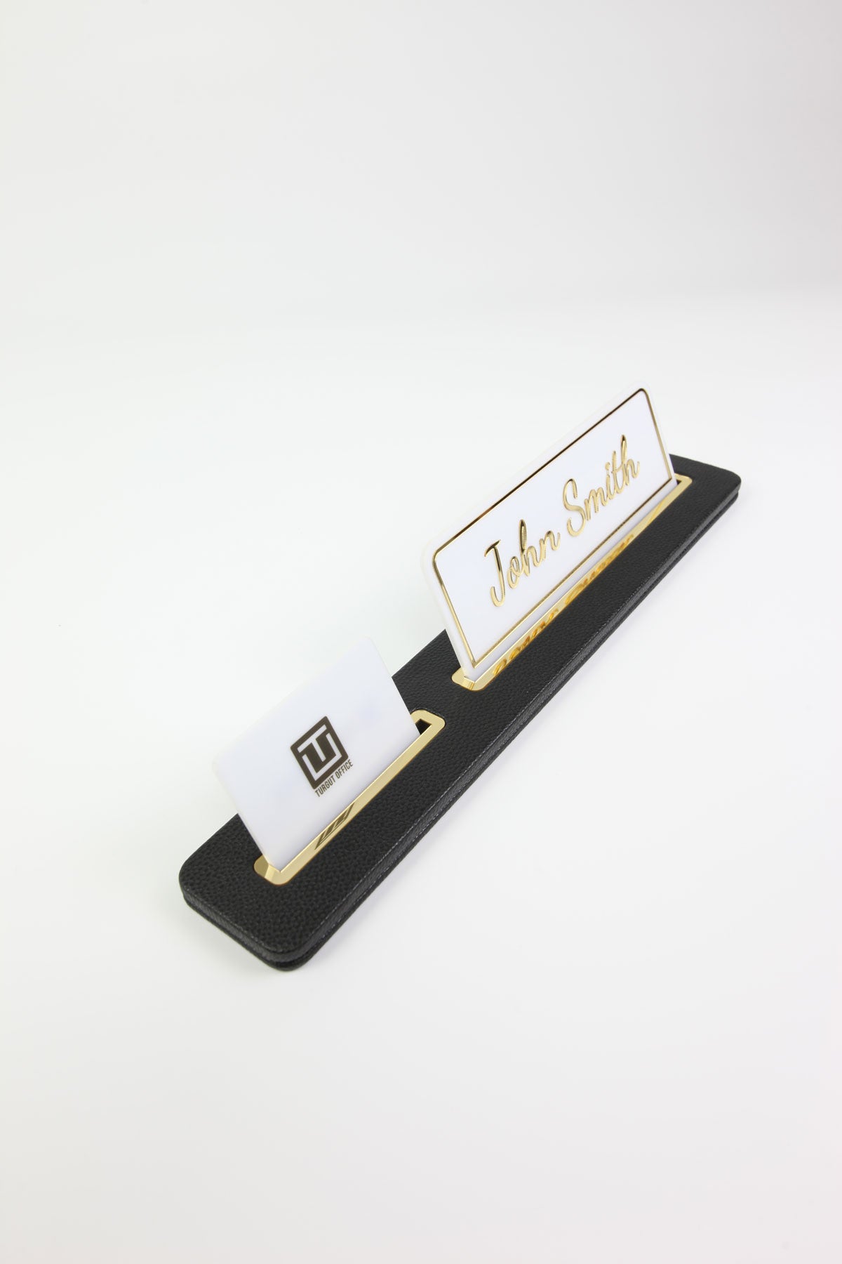 Leather Desk Nameplate Black Long Gold Detailed - Nameplate and Business Card Holder