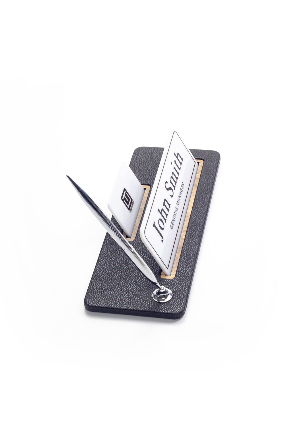 Leather Desk Name Holder Wood Detail