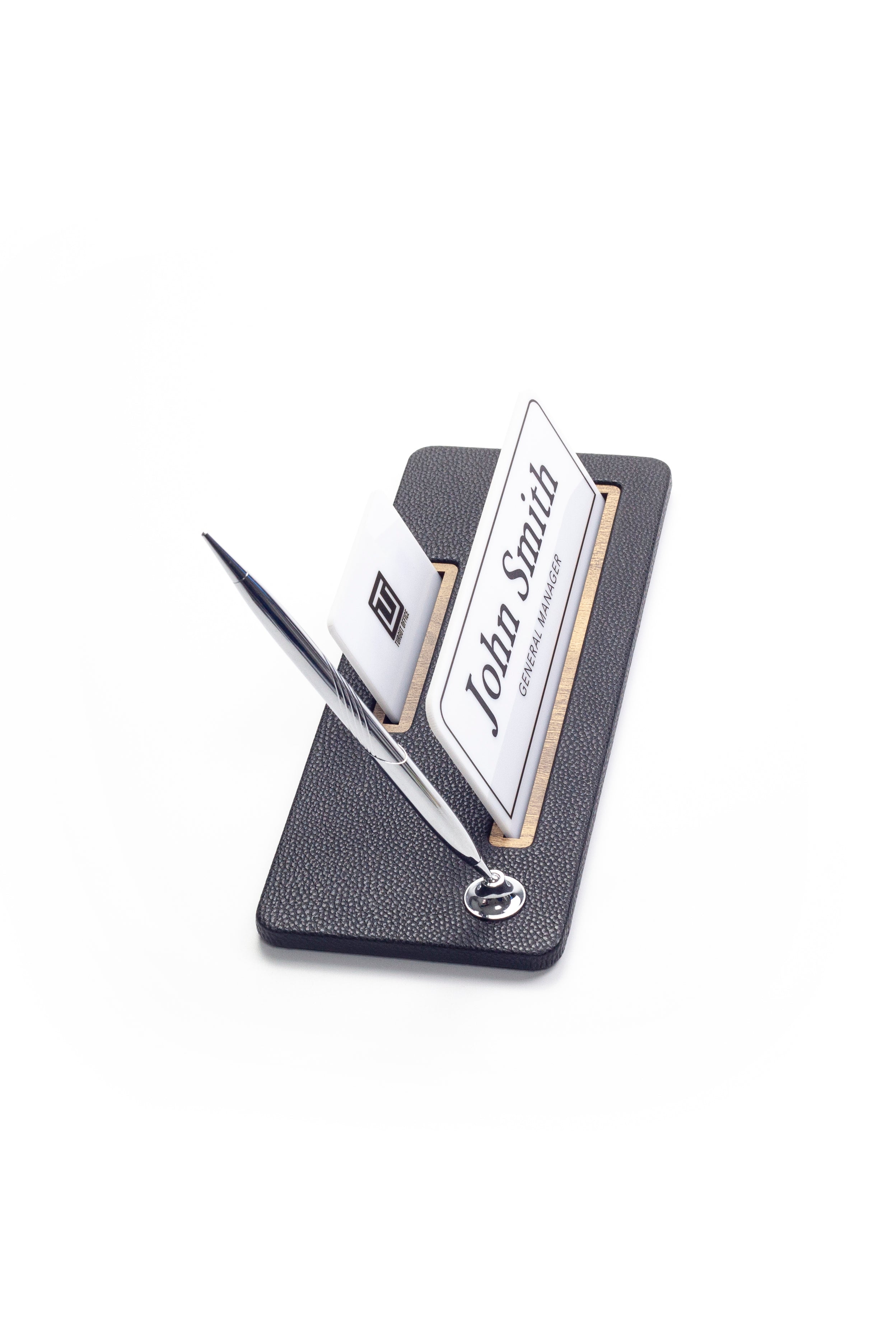 Leather Desk Name Holder Wood Detail