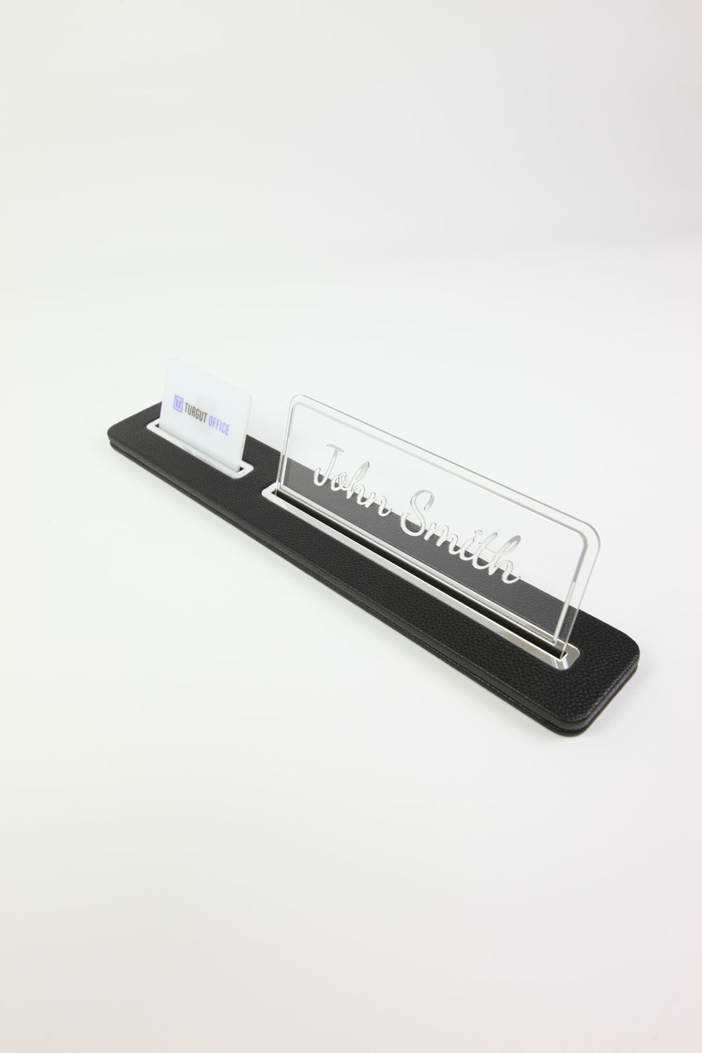 Leather Desk Name Holder Black Long Chrome Detailed - Name Holder and Business Card Holder